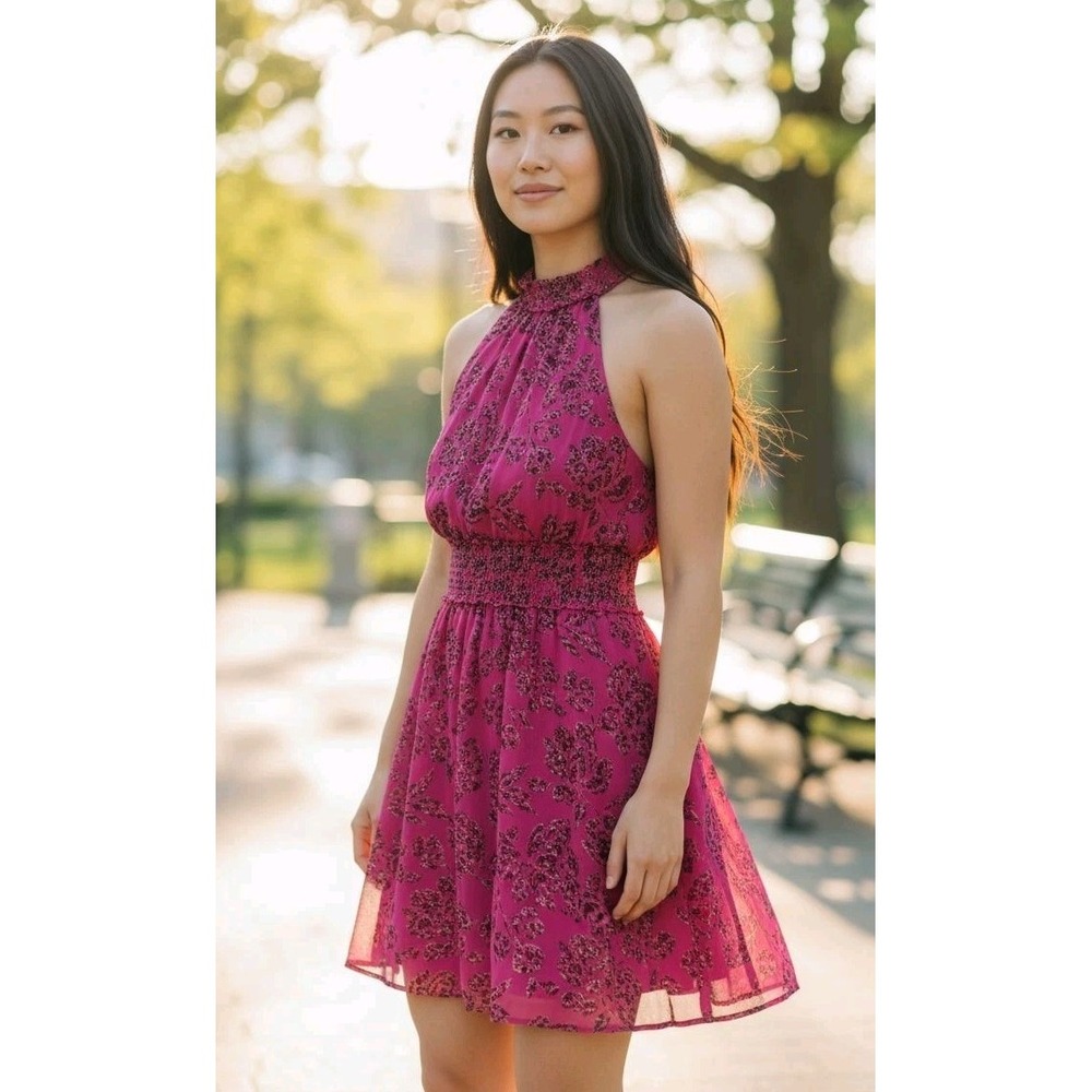 White House Black Market Pink Rose Burnout Smock-Neck Midi Dress SZ 6 Flowy Boho